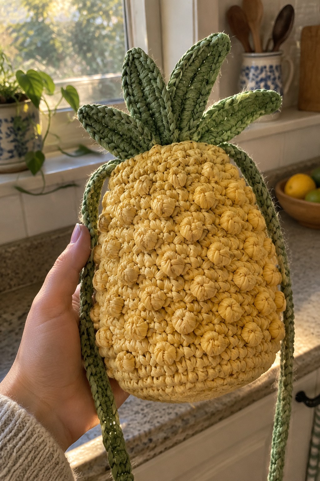 Hand holding yellow crocheted pineapple bag with green leafy top in kitchen