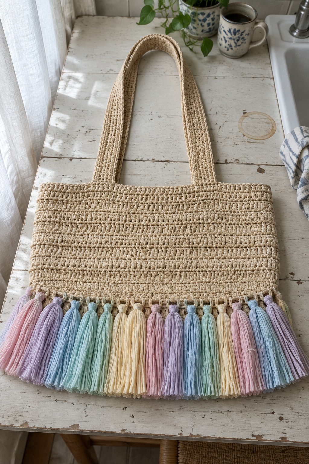Crocheted beige tote bag with pastel rainbow tassel fringe on white table