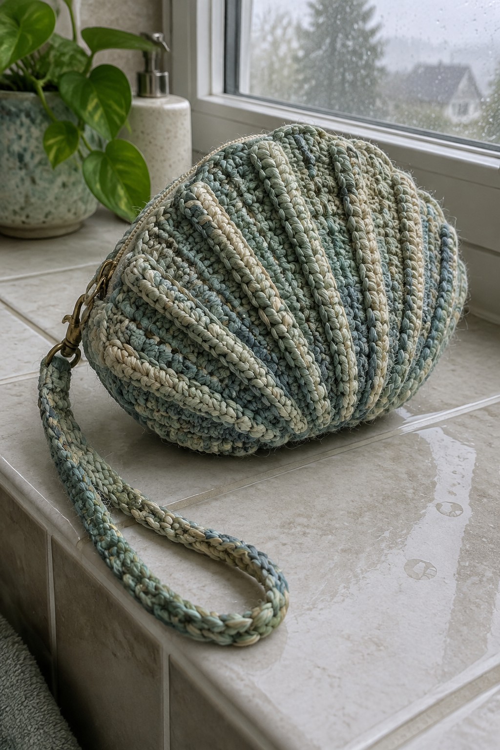Round crocheted clutch in muted greens on tiled windowsill beside plant