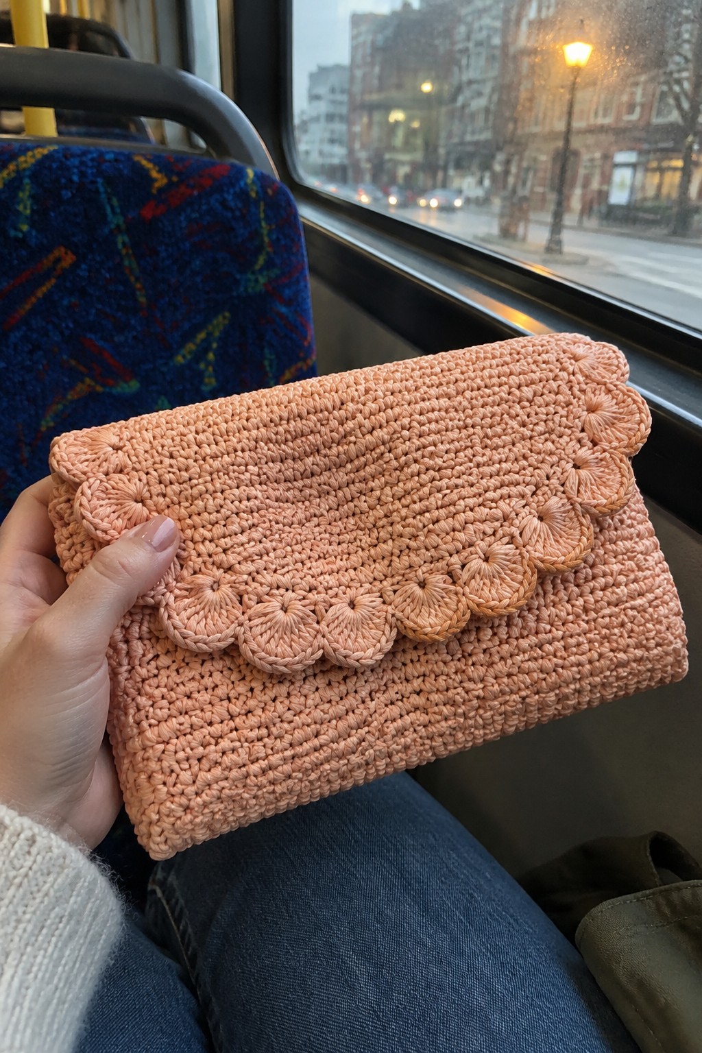 Hand holding peach crocheted clutch with scalloped flowers on a bus