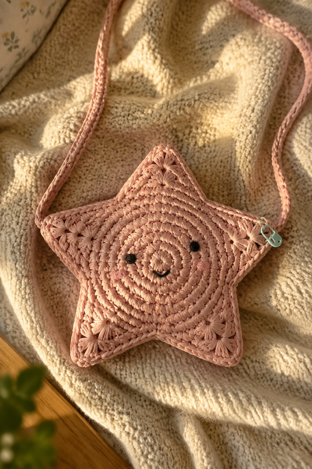 Pink crocheted star bag with smiling face on beige knitted blanket in sunlight.