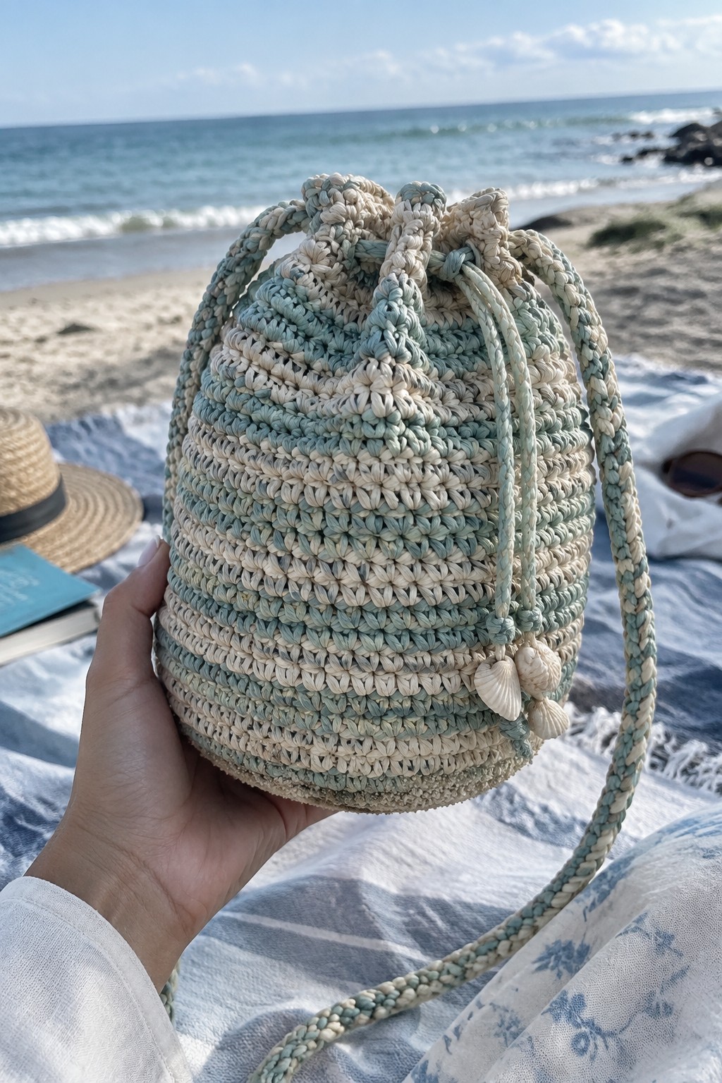 Hand holding pastel-striped crocheted drawstring bag with shells on beach