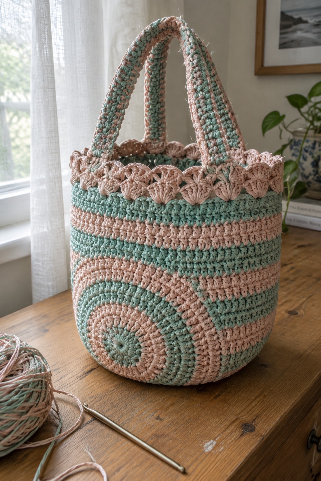 Pink and mint crocheted basket with handles beside yarn and hook on wooden table