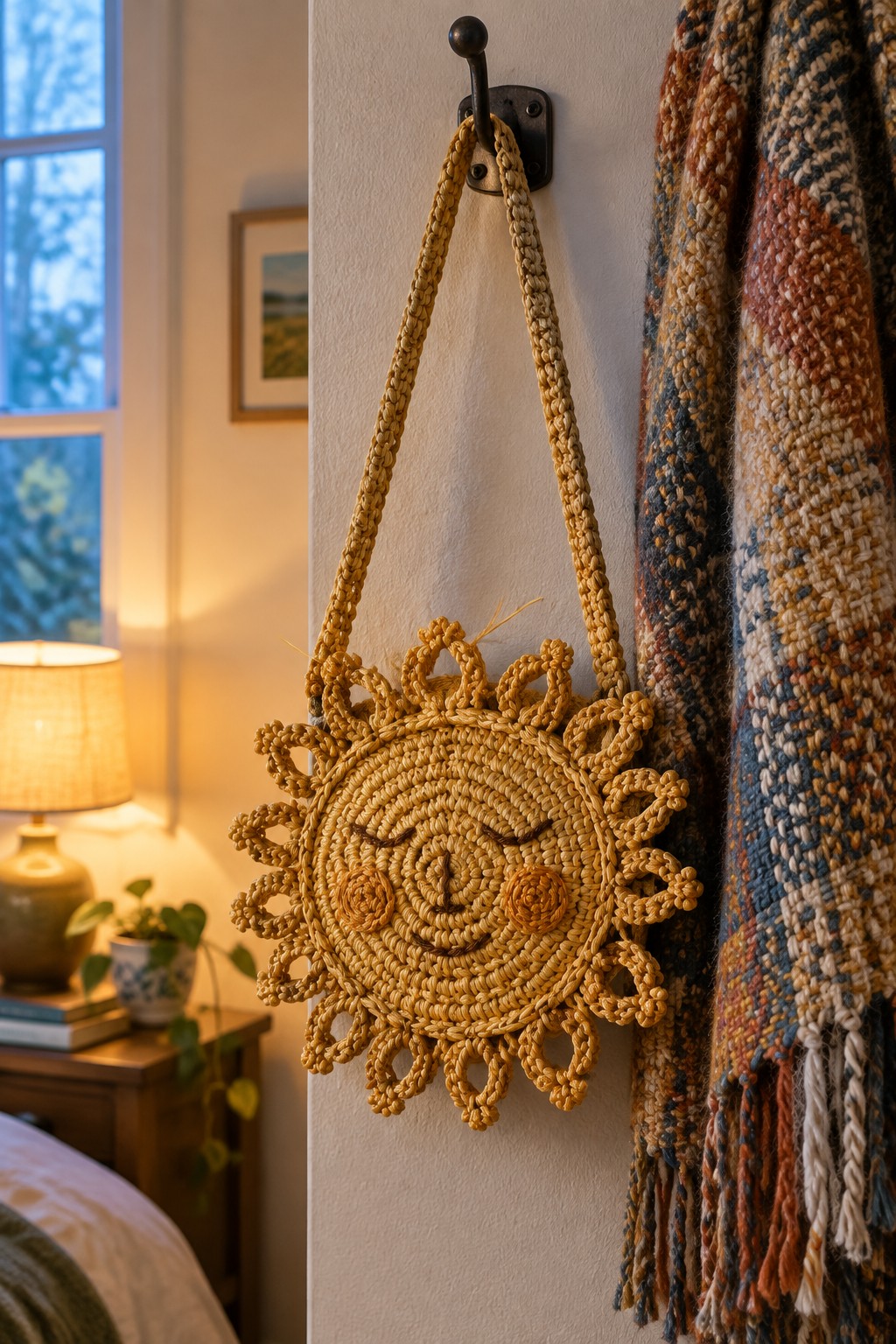 Yellow crocheted sun-shaped bag with smiling face hanging beside fringed woven blanket.