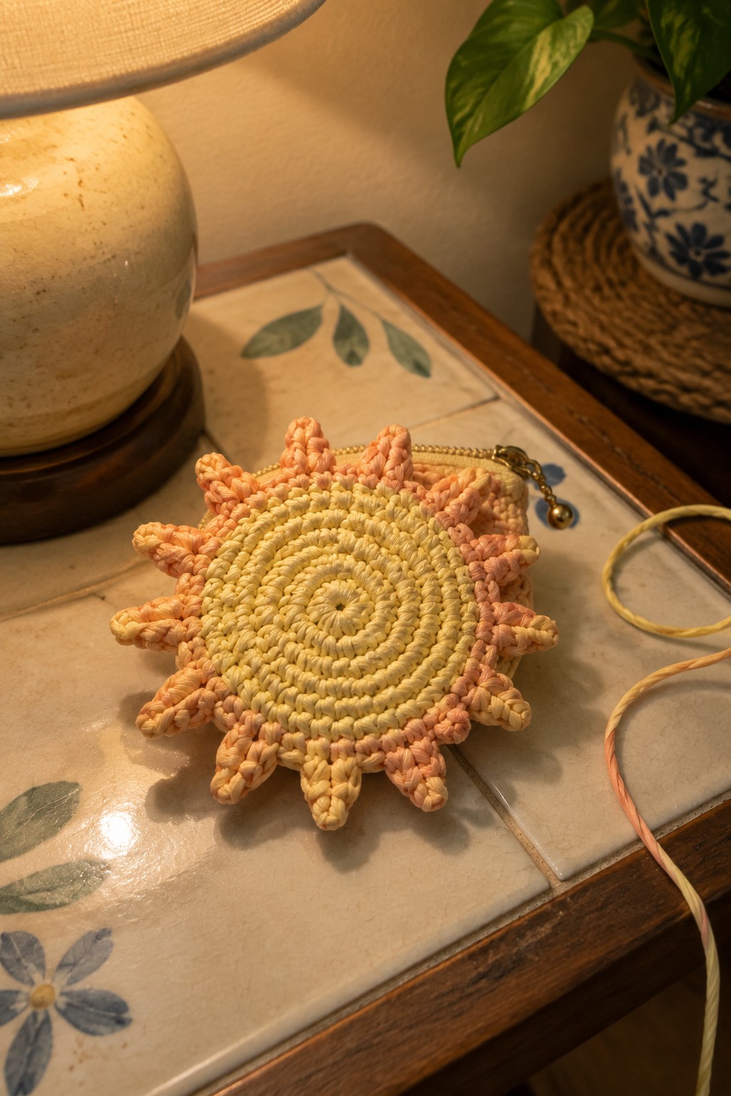 Crocheted sun-shaped pouch in pastel yellow and peach on tiled table