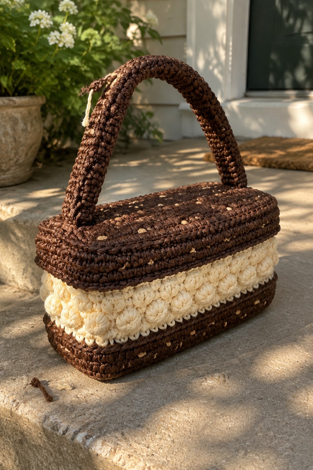 Brown and cream crocheted handbag with textured middle and handle on steps