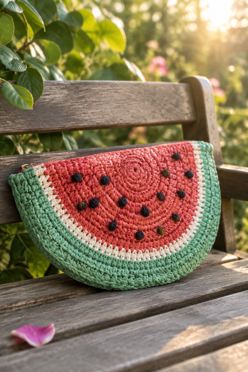 Crocheted watermelon slice pouch on a wooden bench outdoors.