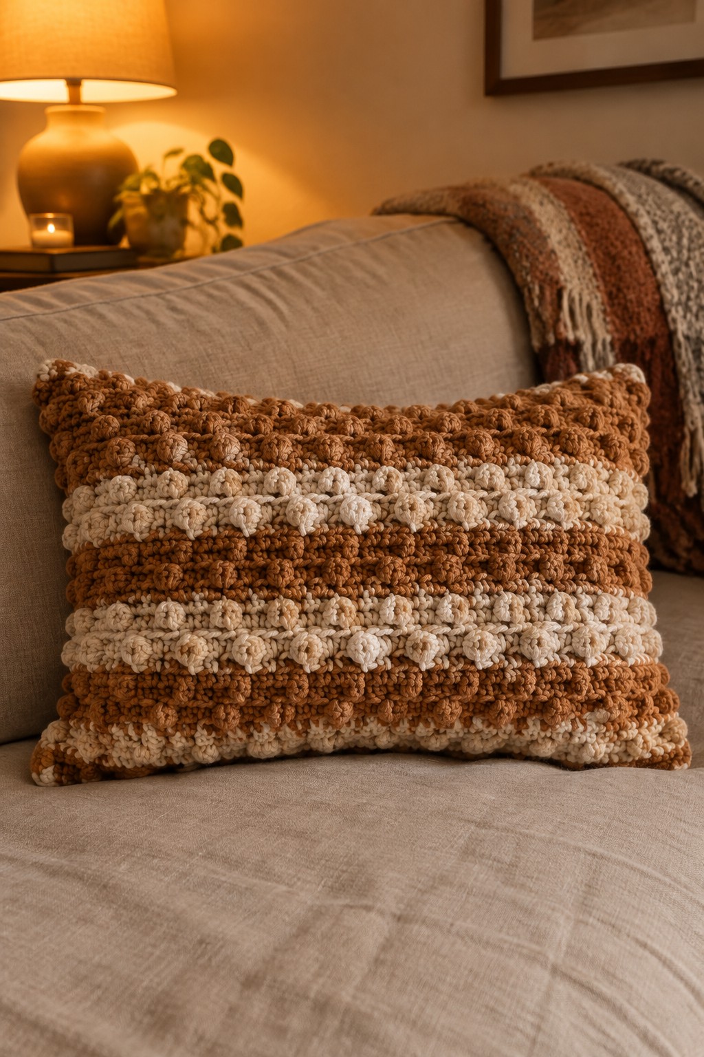 Brown and cream bobble-stitch crocheted pillow on neutral linen sofa