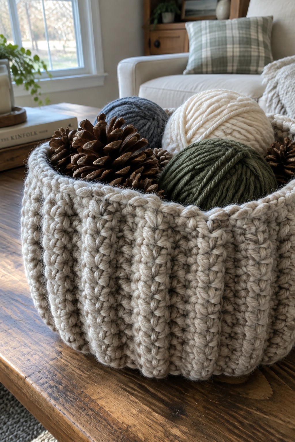 Chunky knit basket filled with yarn balls and pinecones on wooden table