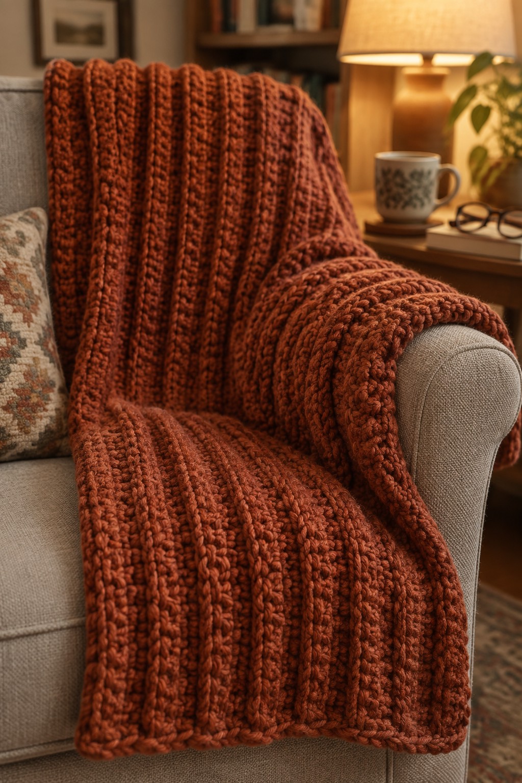 Chunky rust-orange knit blanket draped over gray armchair in cozy room