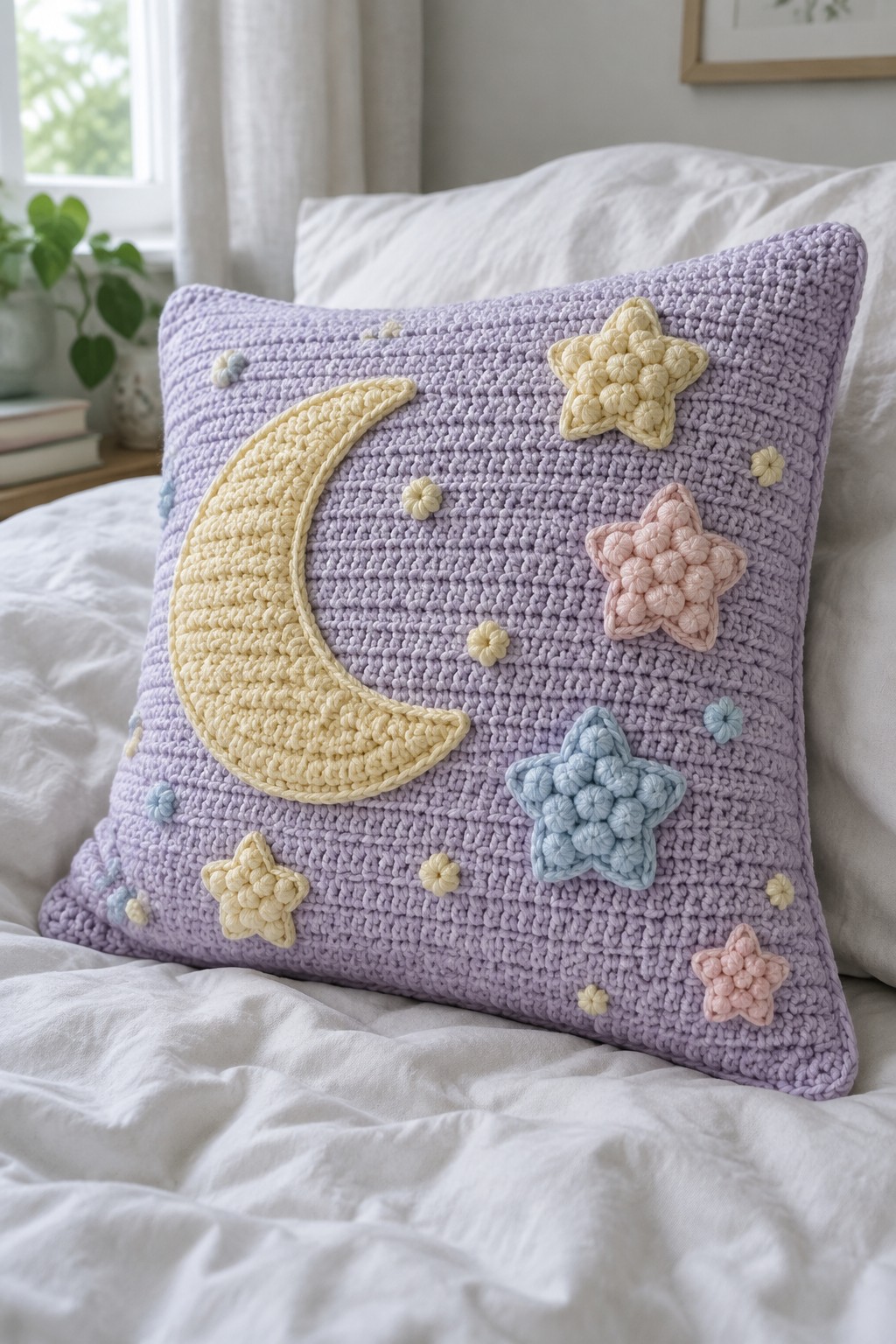 Lavender crocheted pillow with yellow moon and pastel stars on white bed