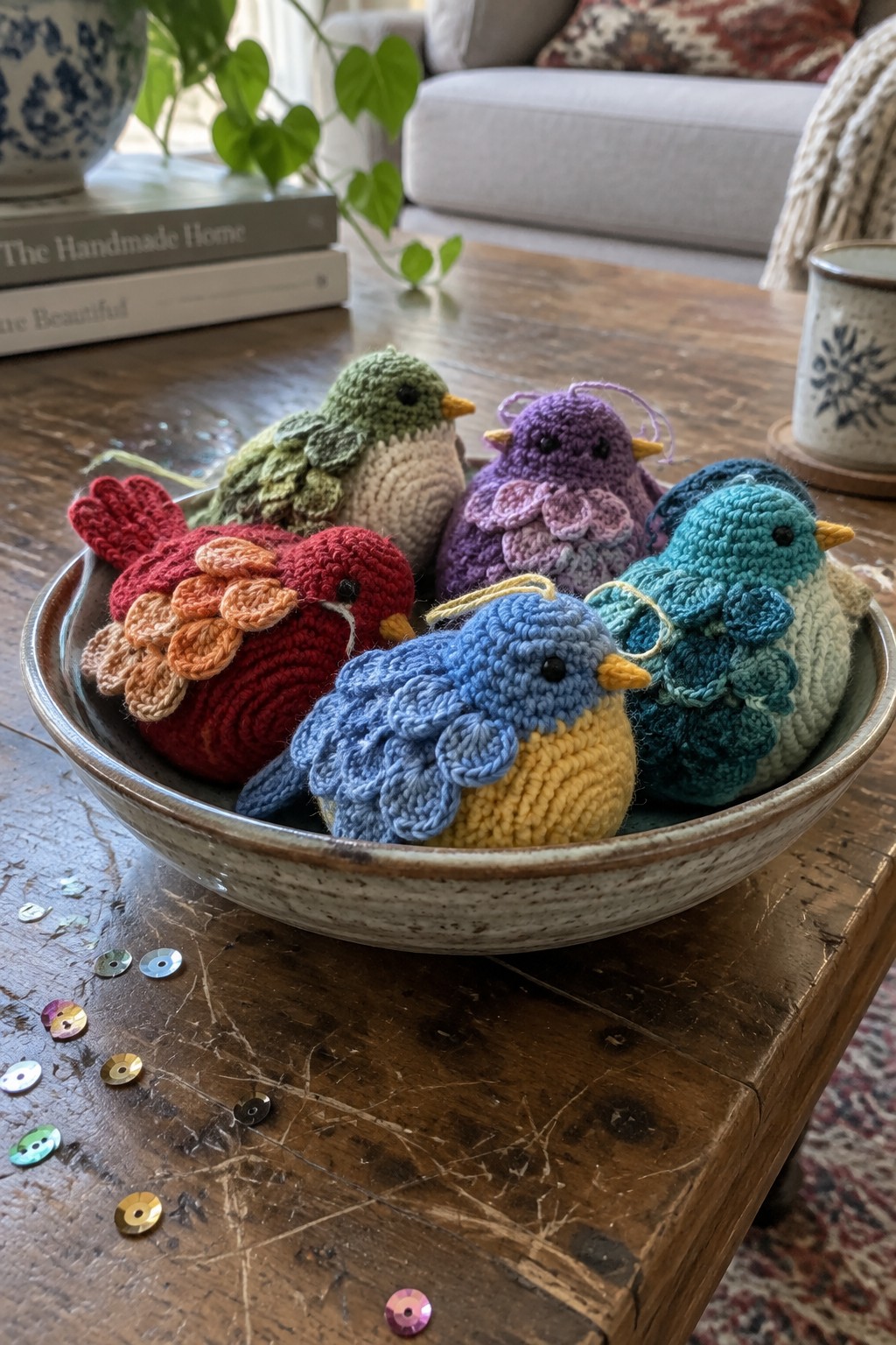 Colorful crocheted birds nestled in a ceramic bowl on a wooden table.