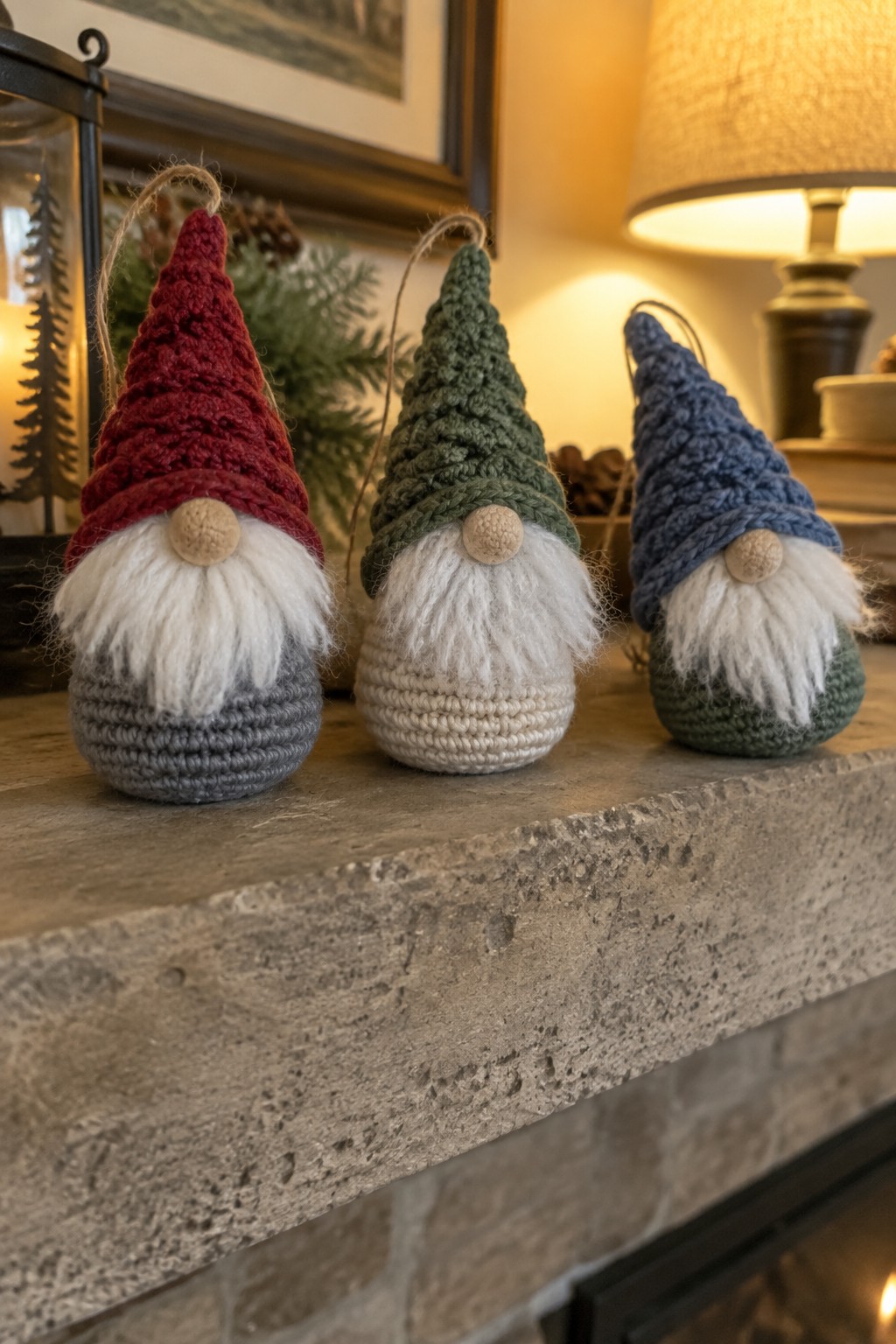 Three crocheted gnomes with red, green, and blue hats on a stone mantel