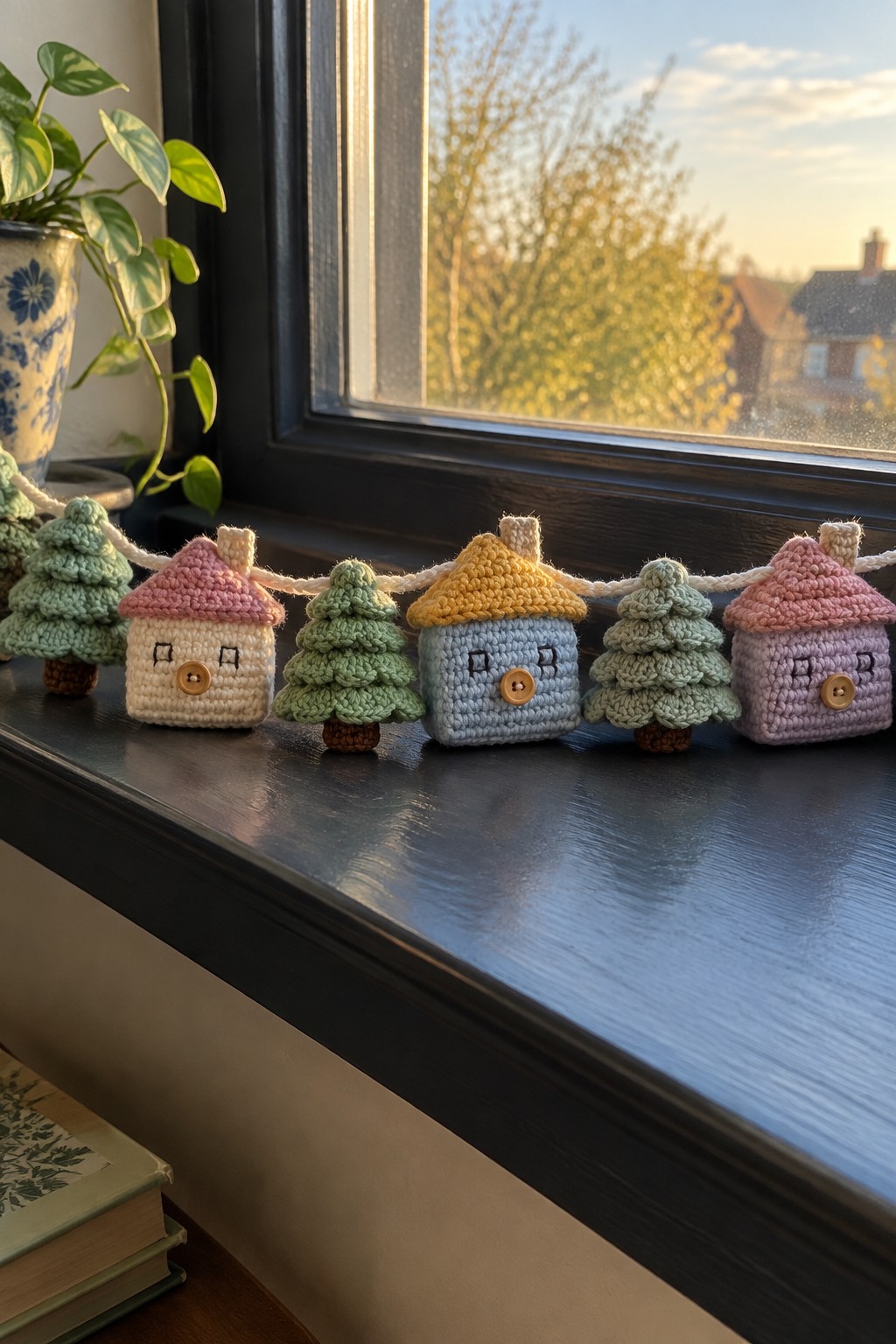 Crocheted pastel houses and trees garland on a dark windowsill at sunset
