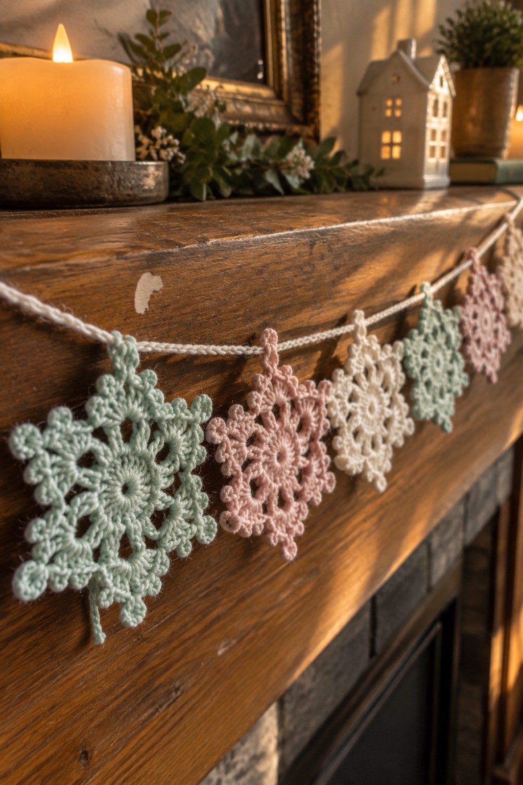 Pastel crocheted snowflake garland on wooden mantel with lit candle and greenery
