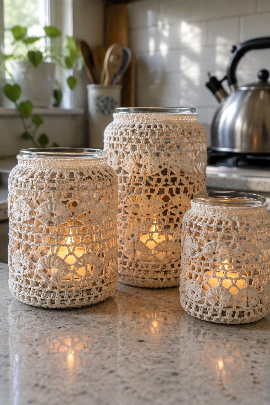 Three lit candles in white crocheted lace-covered glass jars on a countertop.