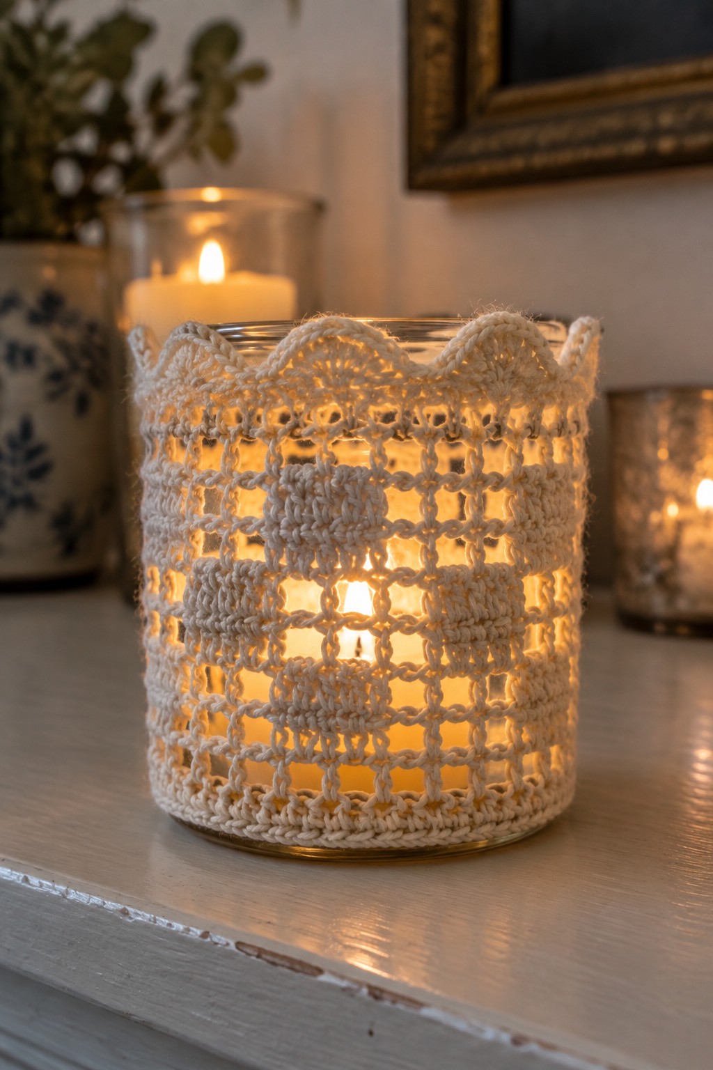 Lit candle glowing through white crocheted lace on glass jar