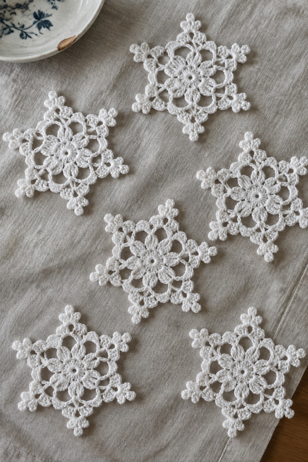 Six white crocheted snowflakes on beige linen fabric beside a blue-patterned bowl.