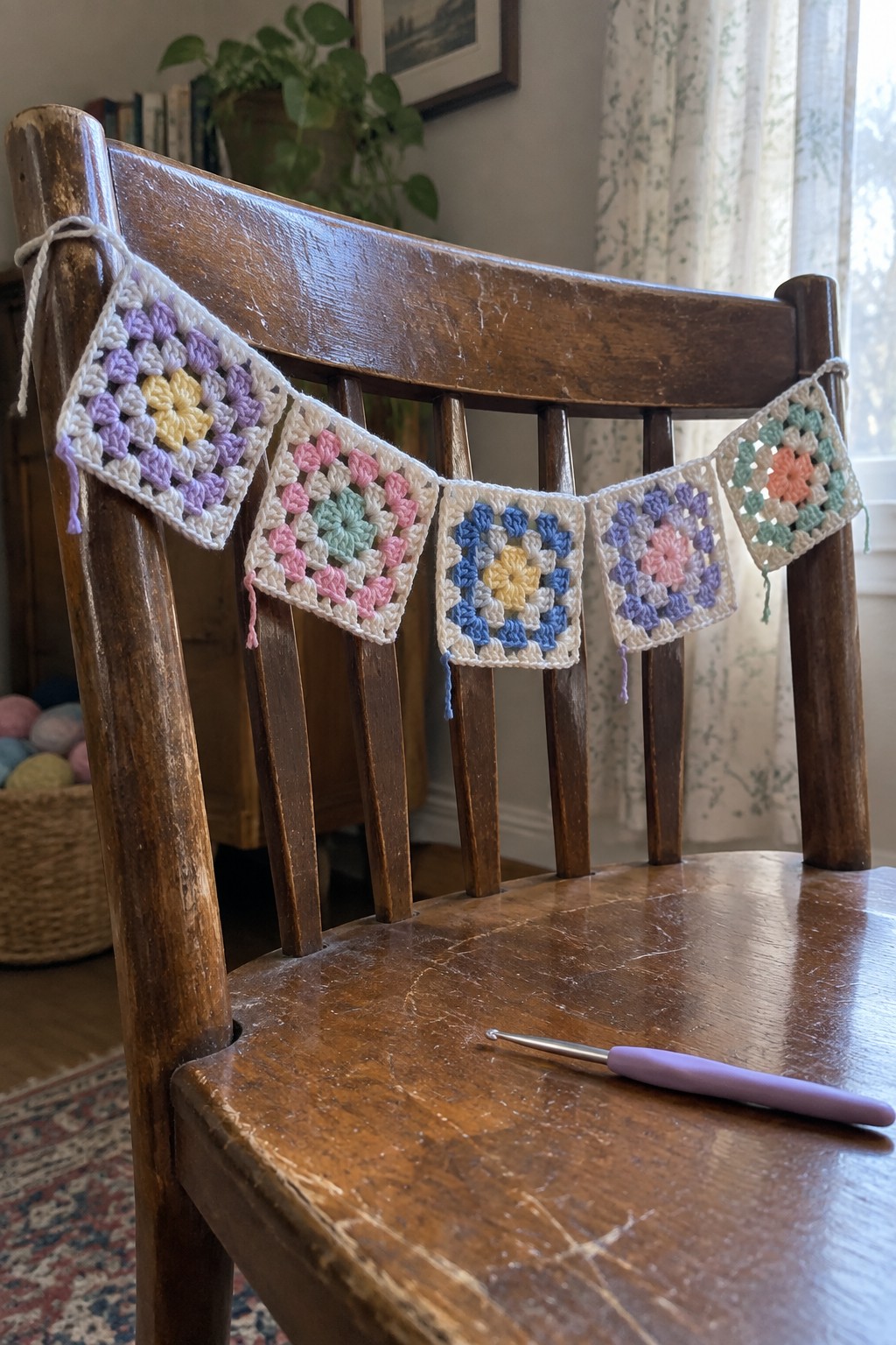 Pastel granny square crochet bunting on wooden chair with hook on seat.
