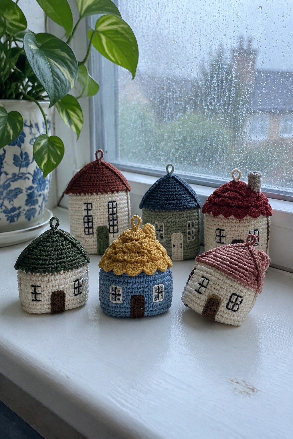 Six colorful crocheted houses on rainy windowsill beside potted plant