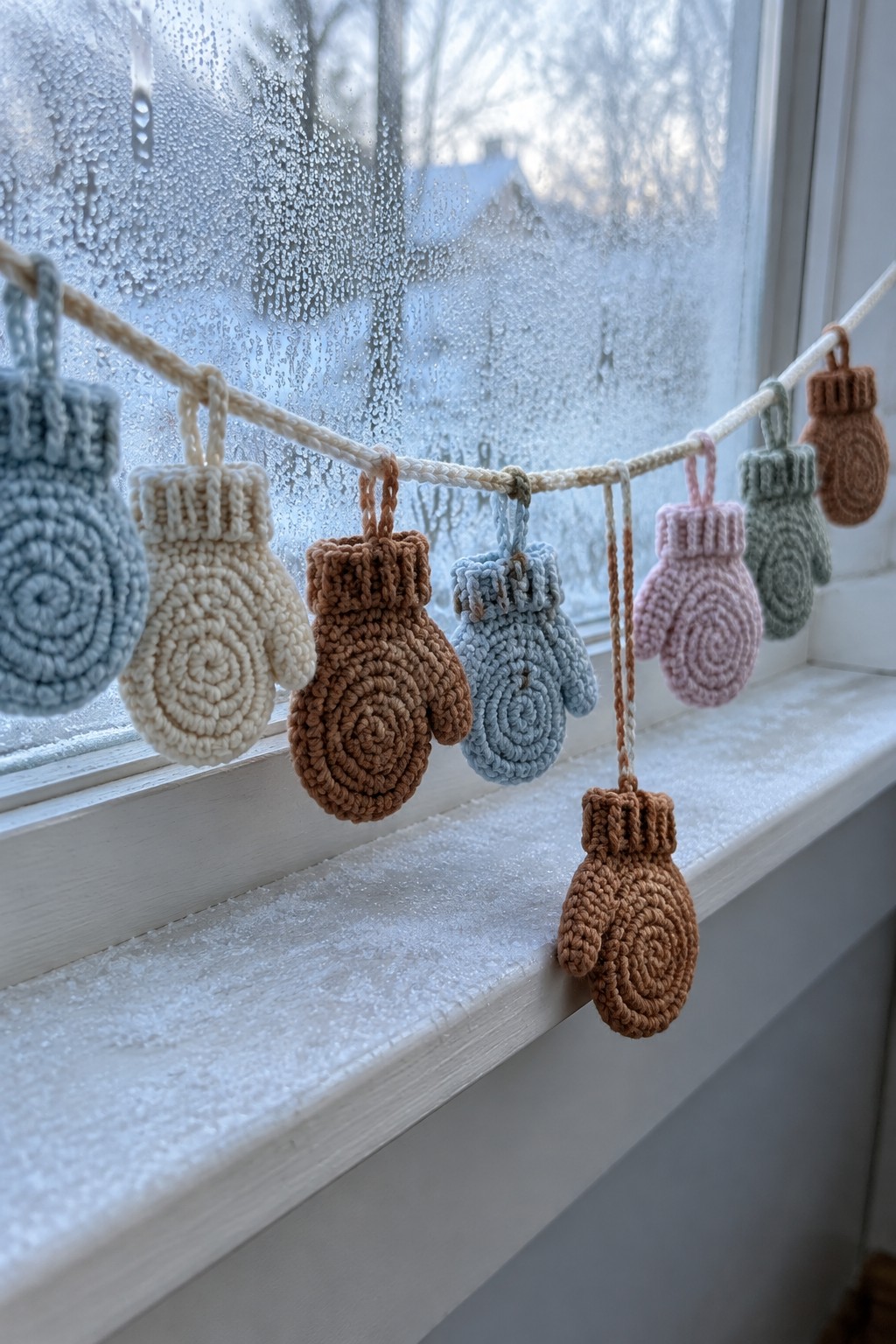 A string of small crocheted mittens in blue, cream, brown, light blue, pink, and green hangs across a frosted window above a snowy windowsill.