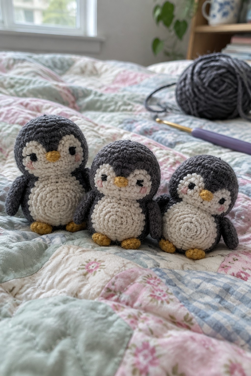 Three crocheted penguins on patchwork quilt with gray yarn and hook nearby