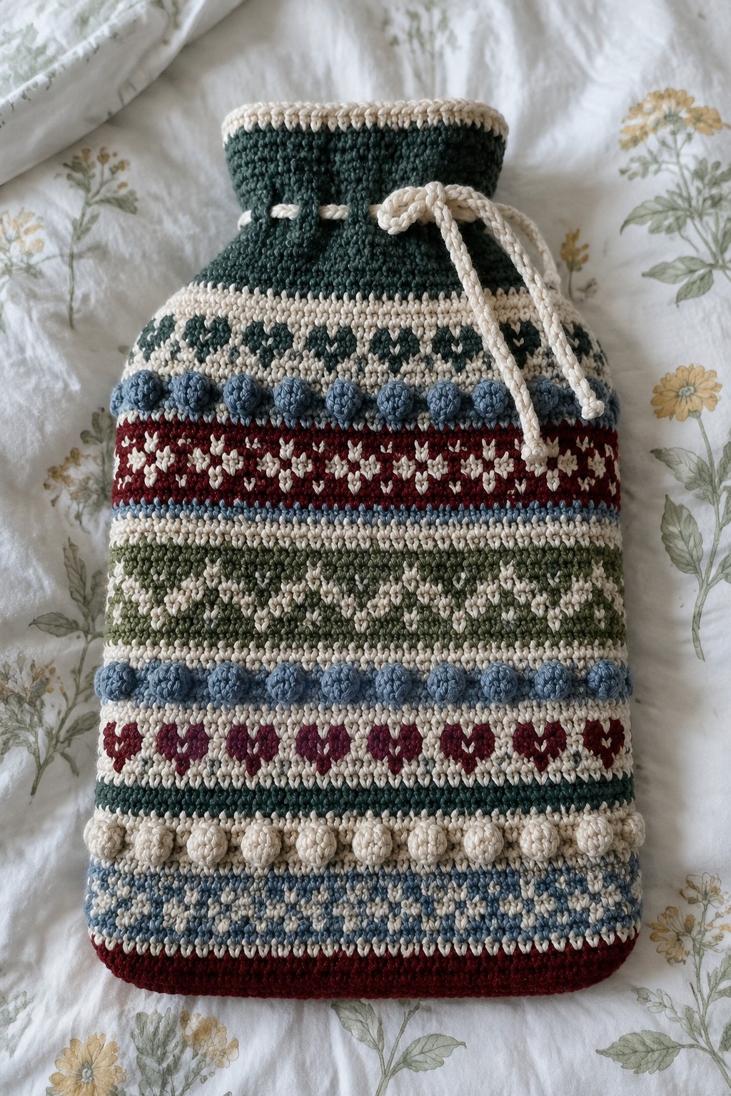 Colorful crocheted hot water bottle cover with hearts, stripes, and bobble patterns on floral fabric.
