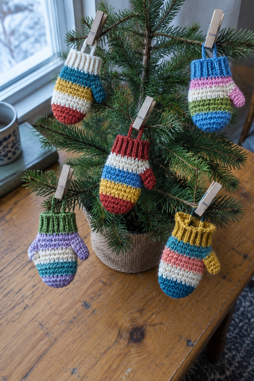 Colorful striped knitted mittens clipped to a small Christmas tree with wooden clothespins.