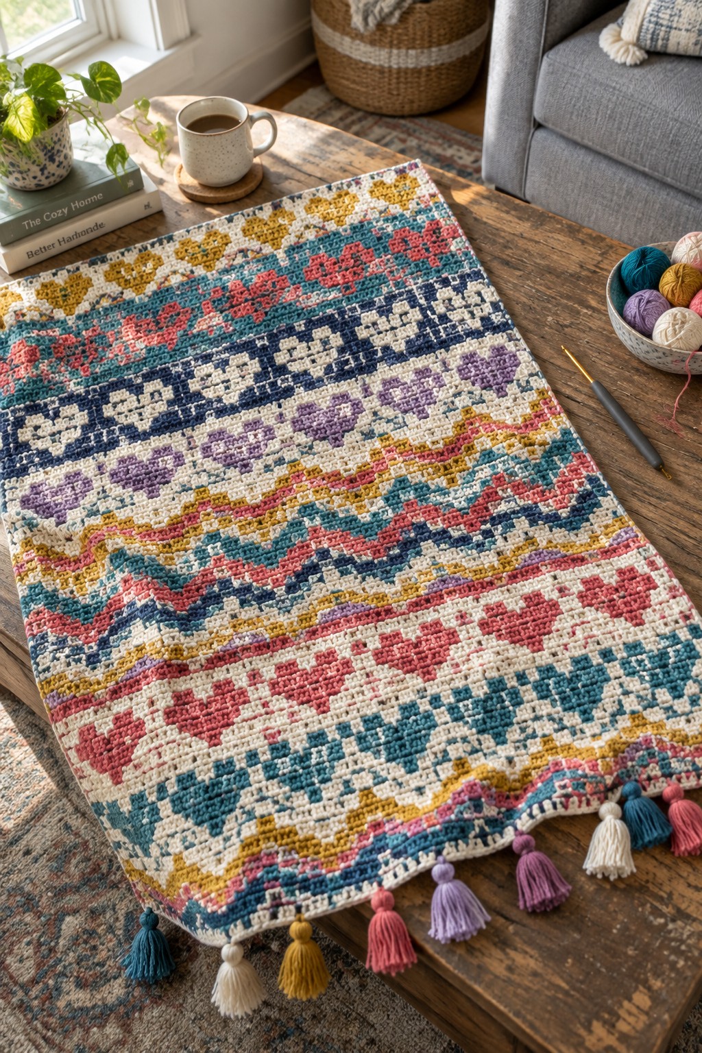Colorful crocheted blanket with hearts, waves, and tassels on wooden table