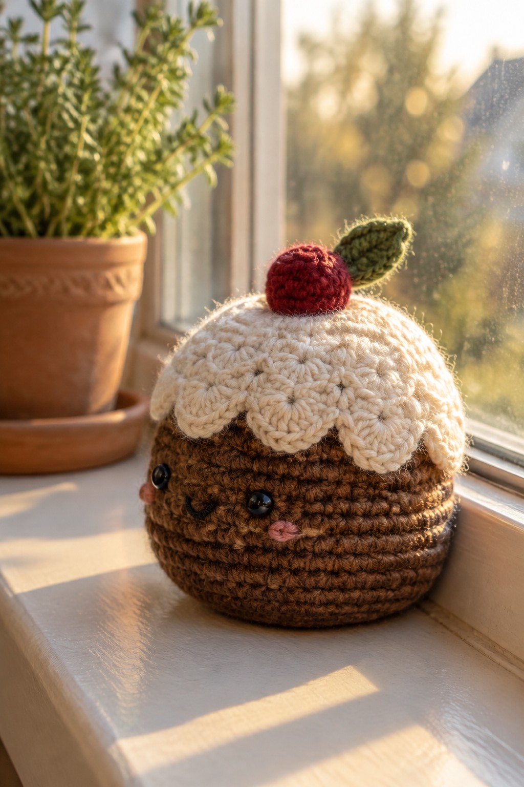 Crocheted brown cupcake amigurumi with white frosting, red cherry, and smiling face on windowsill