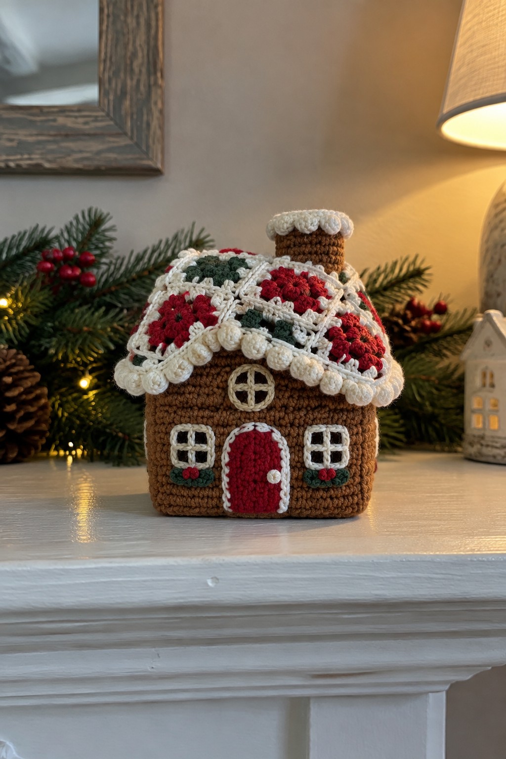 Crocheted gingerbread house with red door, windows, and floral roof on mantel