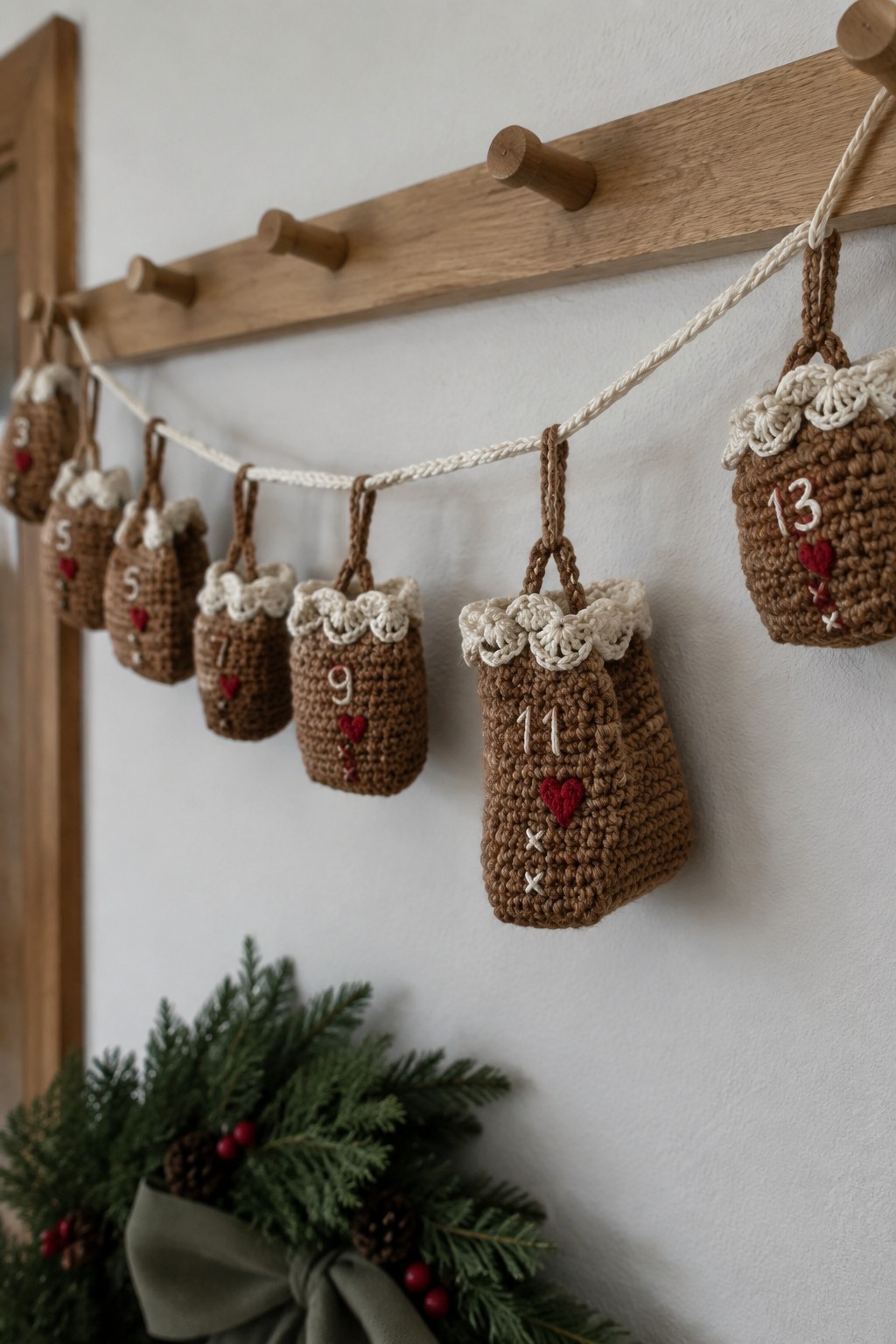 Brown crocheted advent stockings with numbers hanging on wooden rack above Christmas wreath