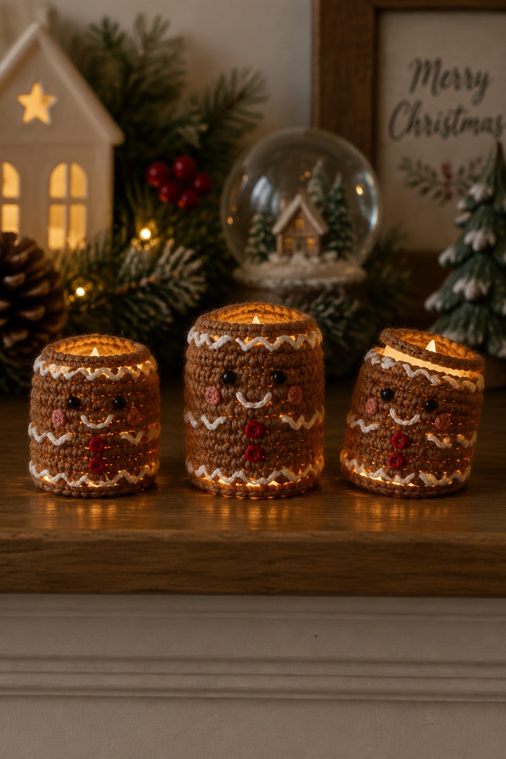 Three glowing crocheted gingerbread candle holders on wooden Christmas mantel.