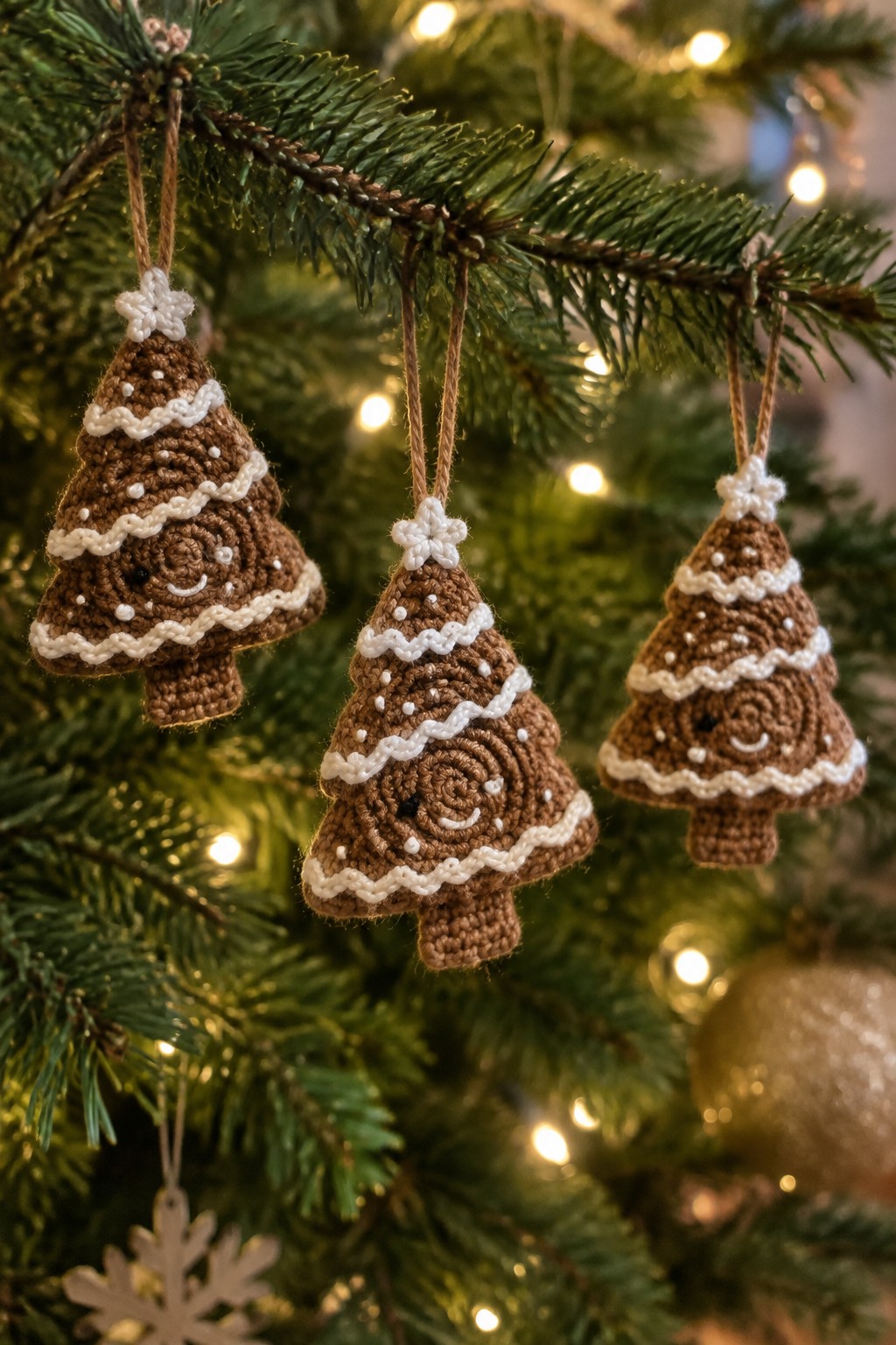 Three crocheted gingerbread-style tree ornaments with faces on a lit Christmas tree.