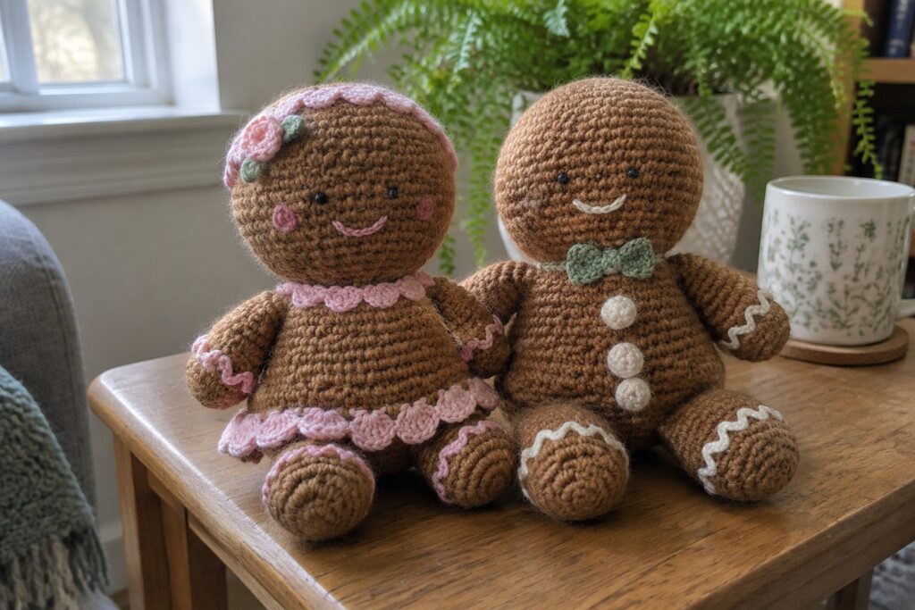 Crocheted gingerbread couple in pink dress and bow tie on wooden table