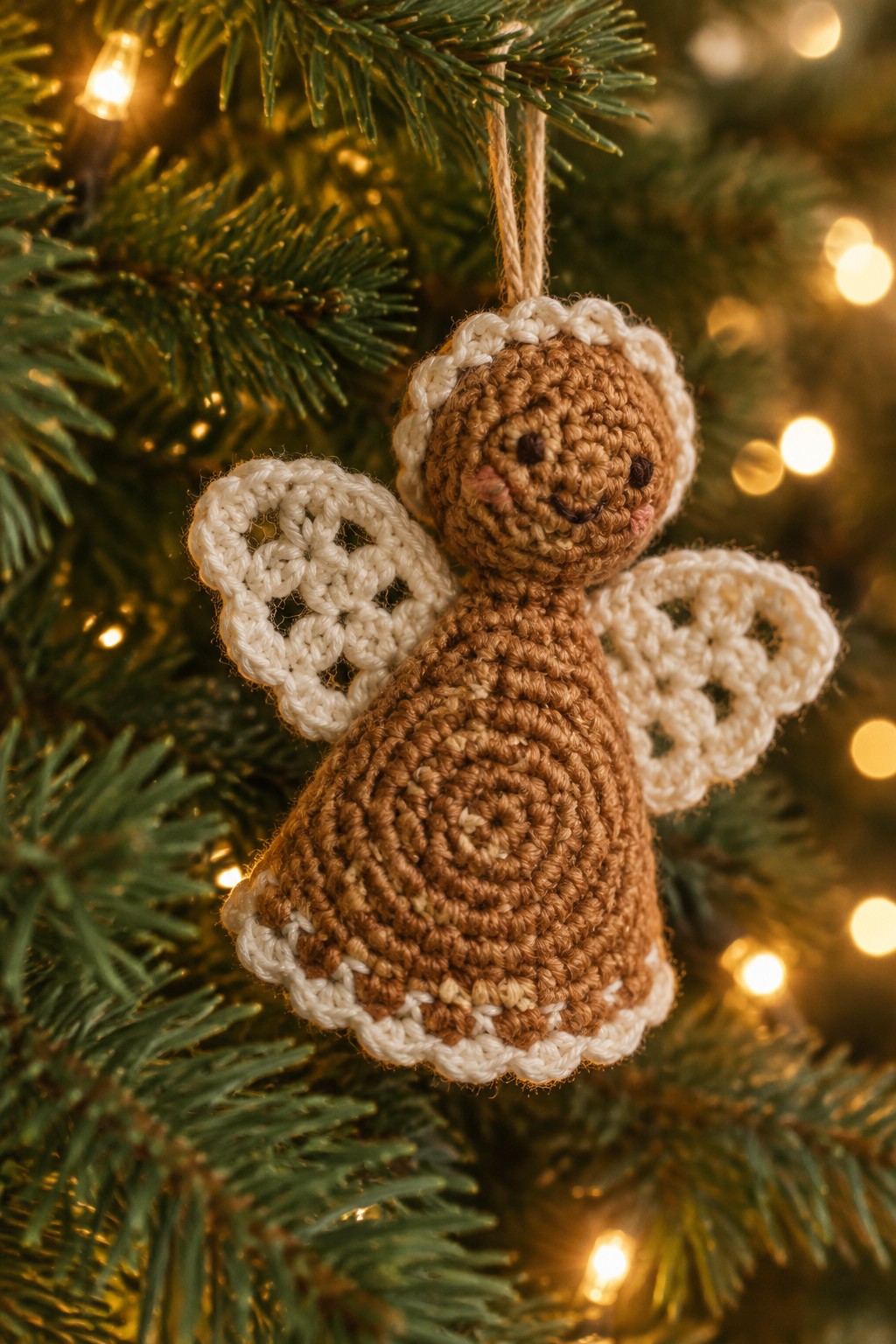 Crocheted brown angel ornament with white wings on lit Christmas tree