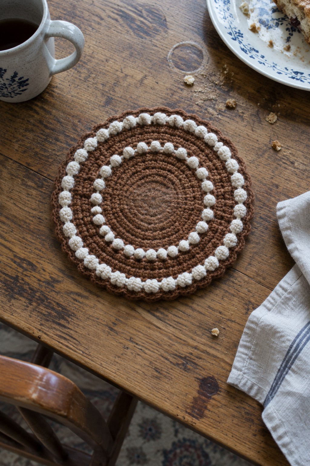 Brown crocheted placemat with white bobbles on rustic wooden table beside coffee mug