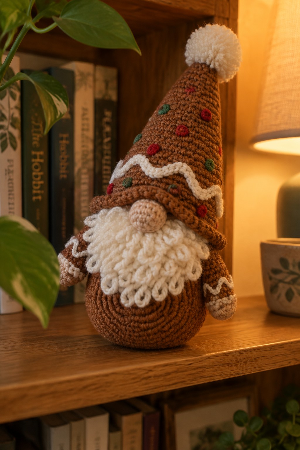 Crocheted brown gnome with white beard and dotted hat on wooden bookshelf