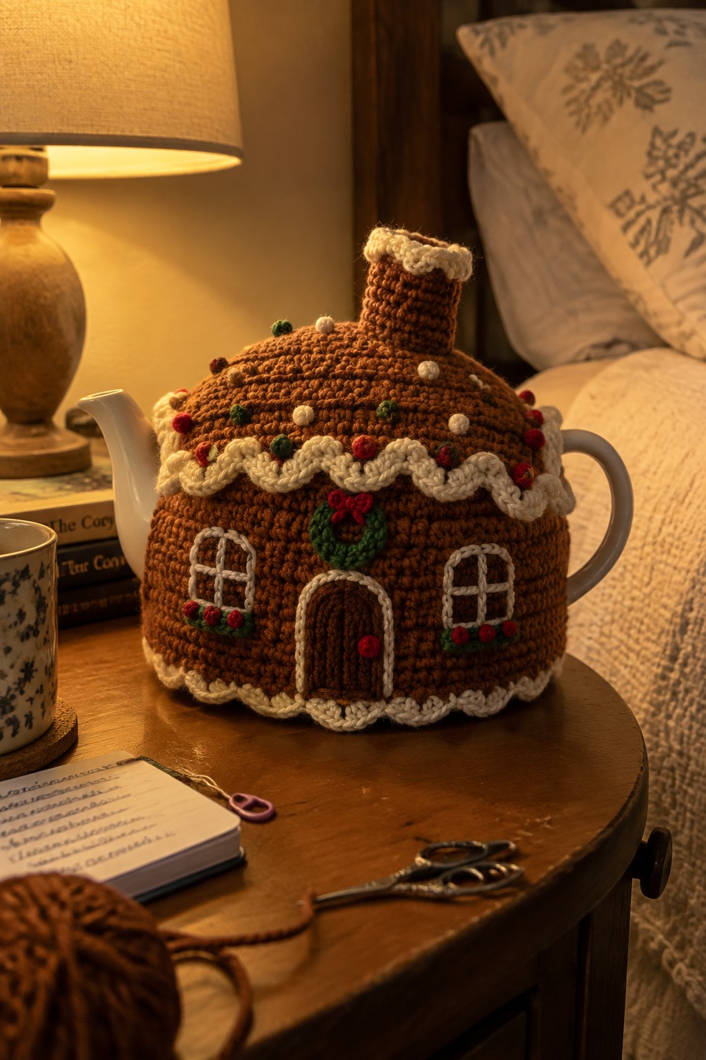 A brown crocheted gingerbread house cozy with white trim and small decorations sits over a white teapot on a wooden table.
