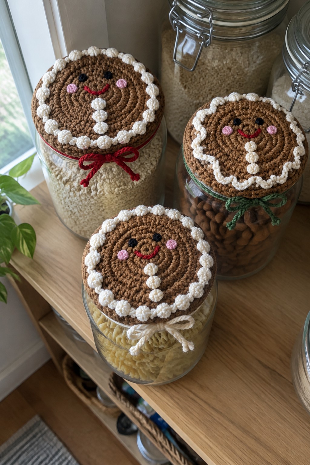 Three glass jars with crocheted gingerbread lids and colorful ribbons on wooden shelf
