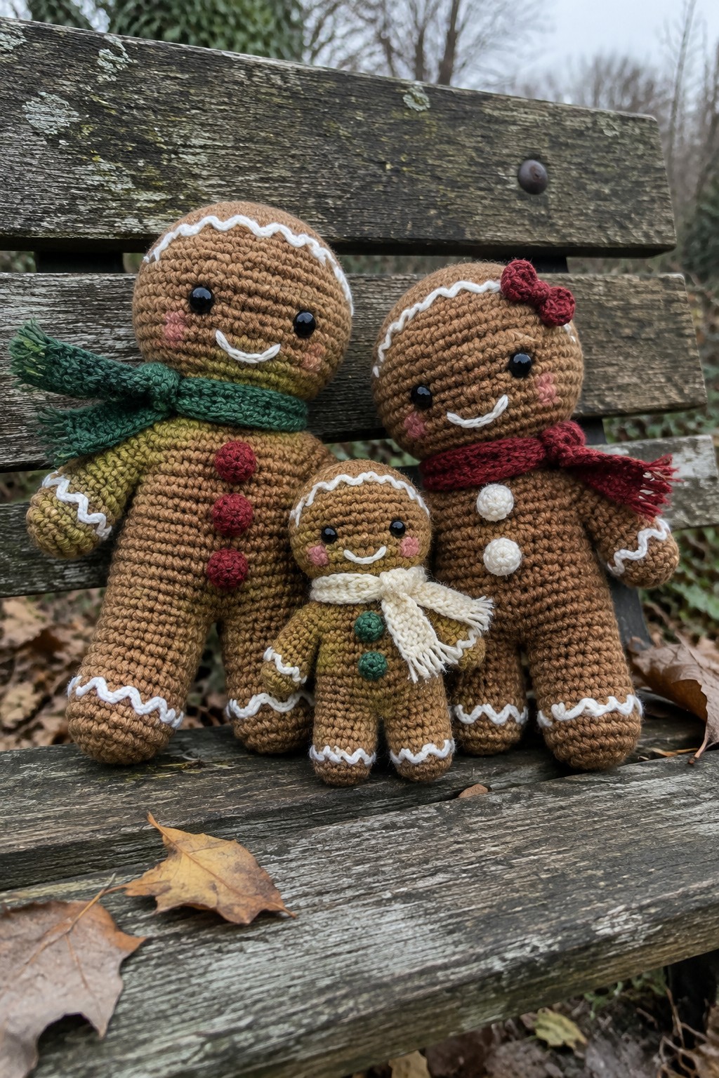 Three crocheted gingerbread figures with scarves on a wooden bench