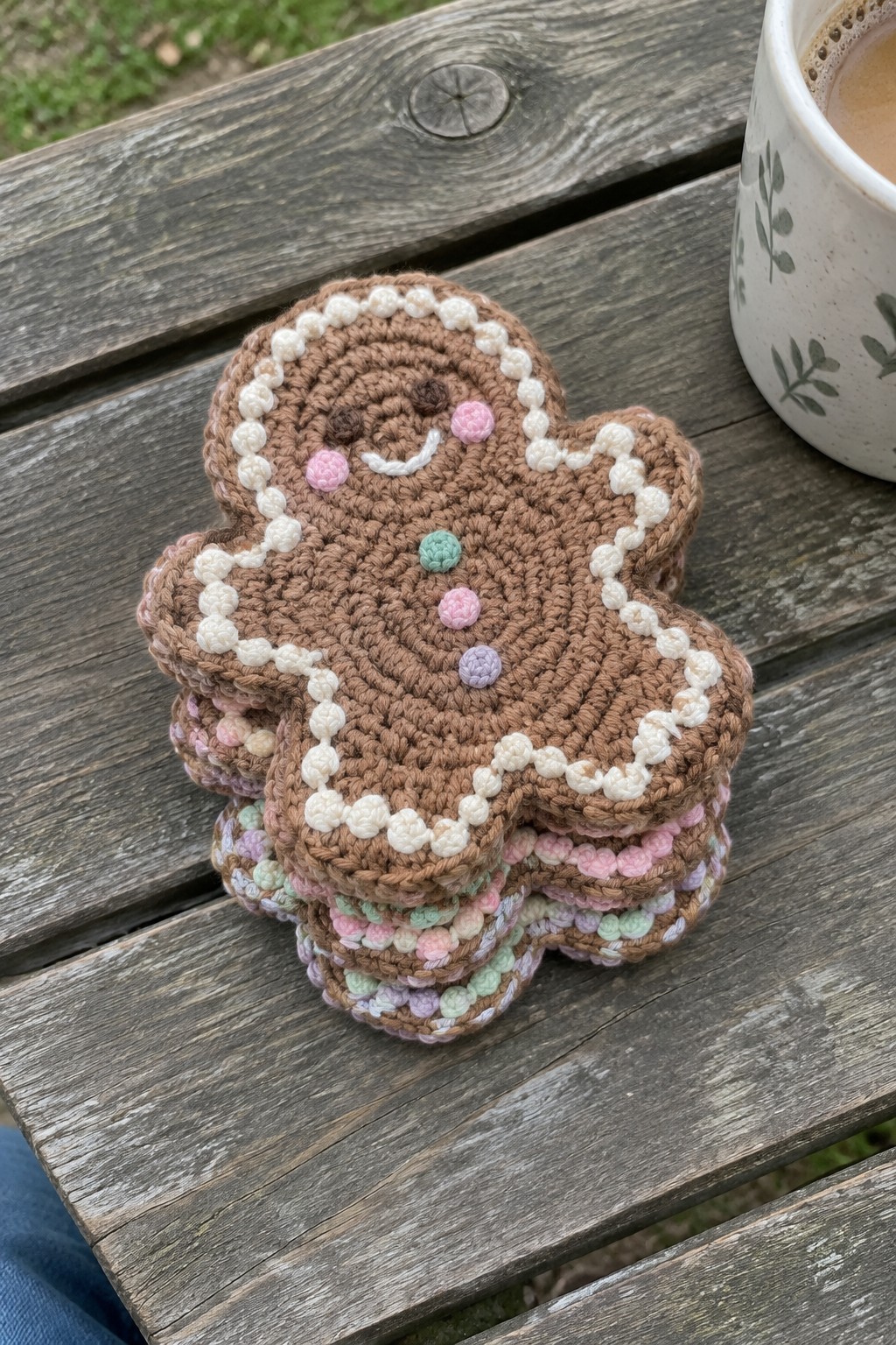 Stacked crocheted gingerbread man coasters on wooden table beside leaf-patterned mug