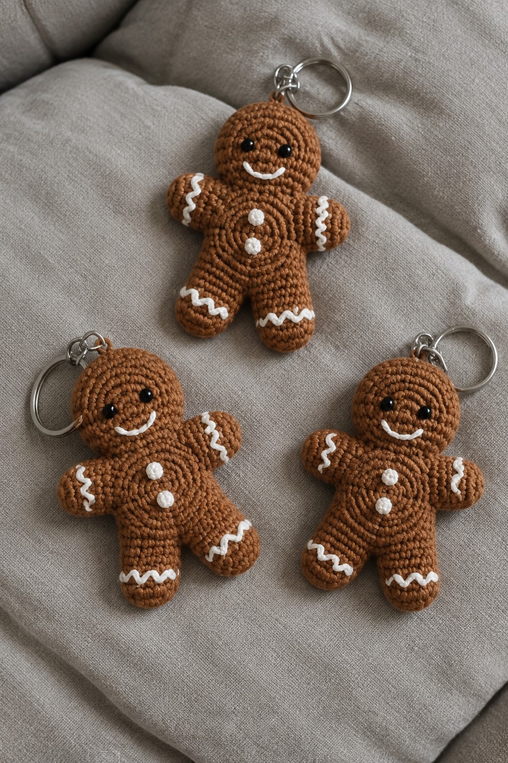 Three crocheted gingerbread man keychains with white details on gray fabric
