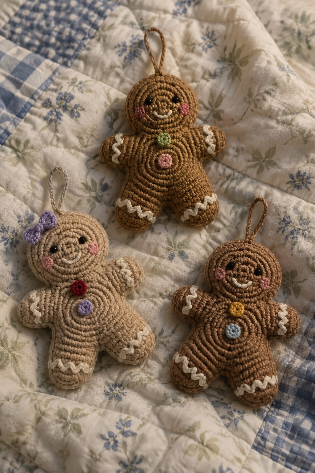 Three crocheted gingerbread ornaments with buttons on a floral quilt.