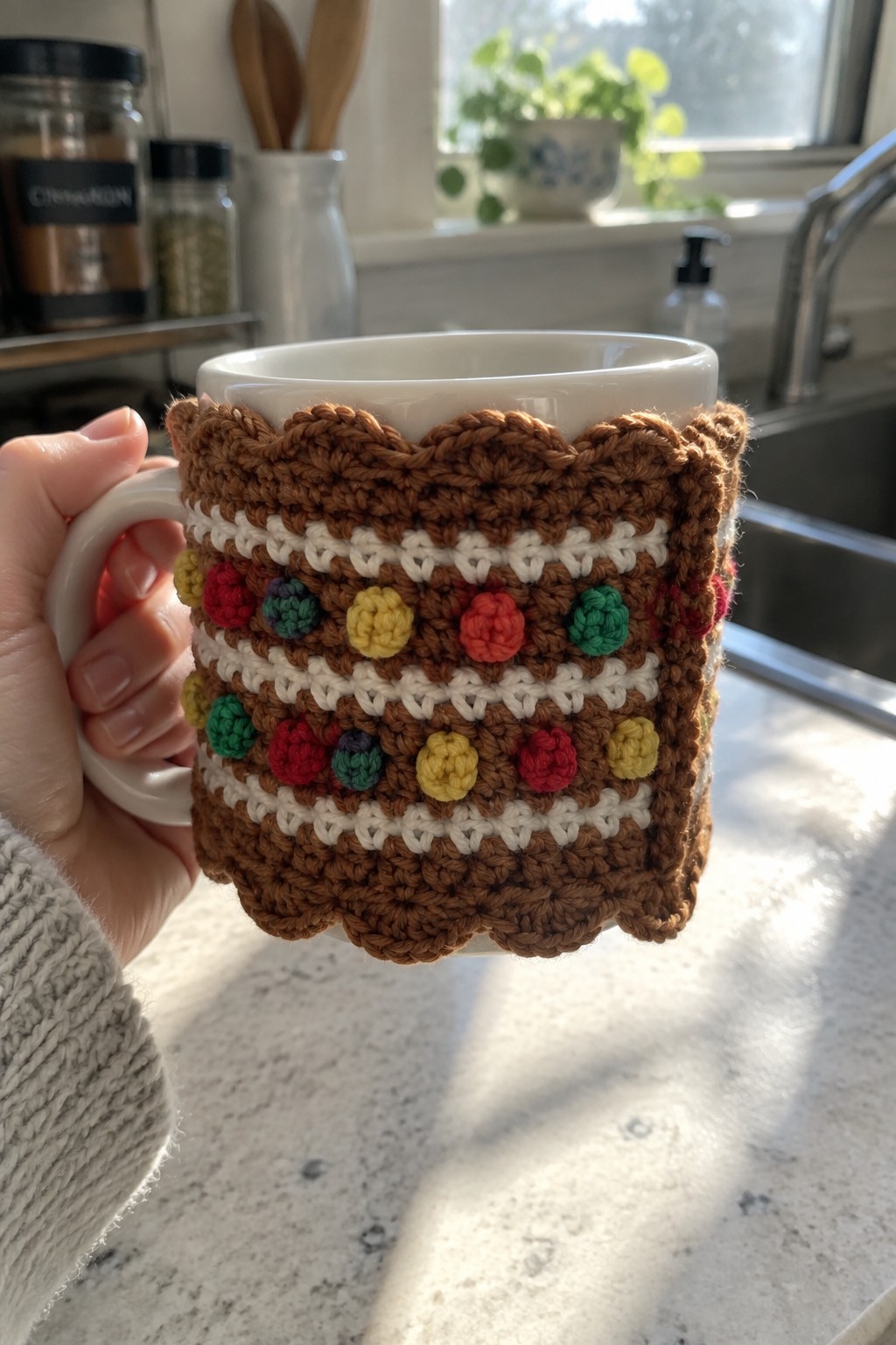 Hand holding white mug with brown crocheted cozy and colorful pom-poms in kitchen