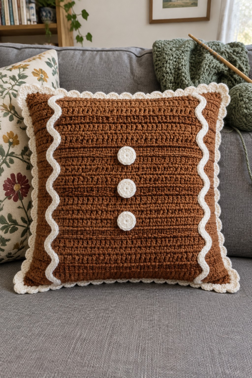 Brown crocheted pillow with white scalloped trim and buttons on gray couch.