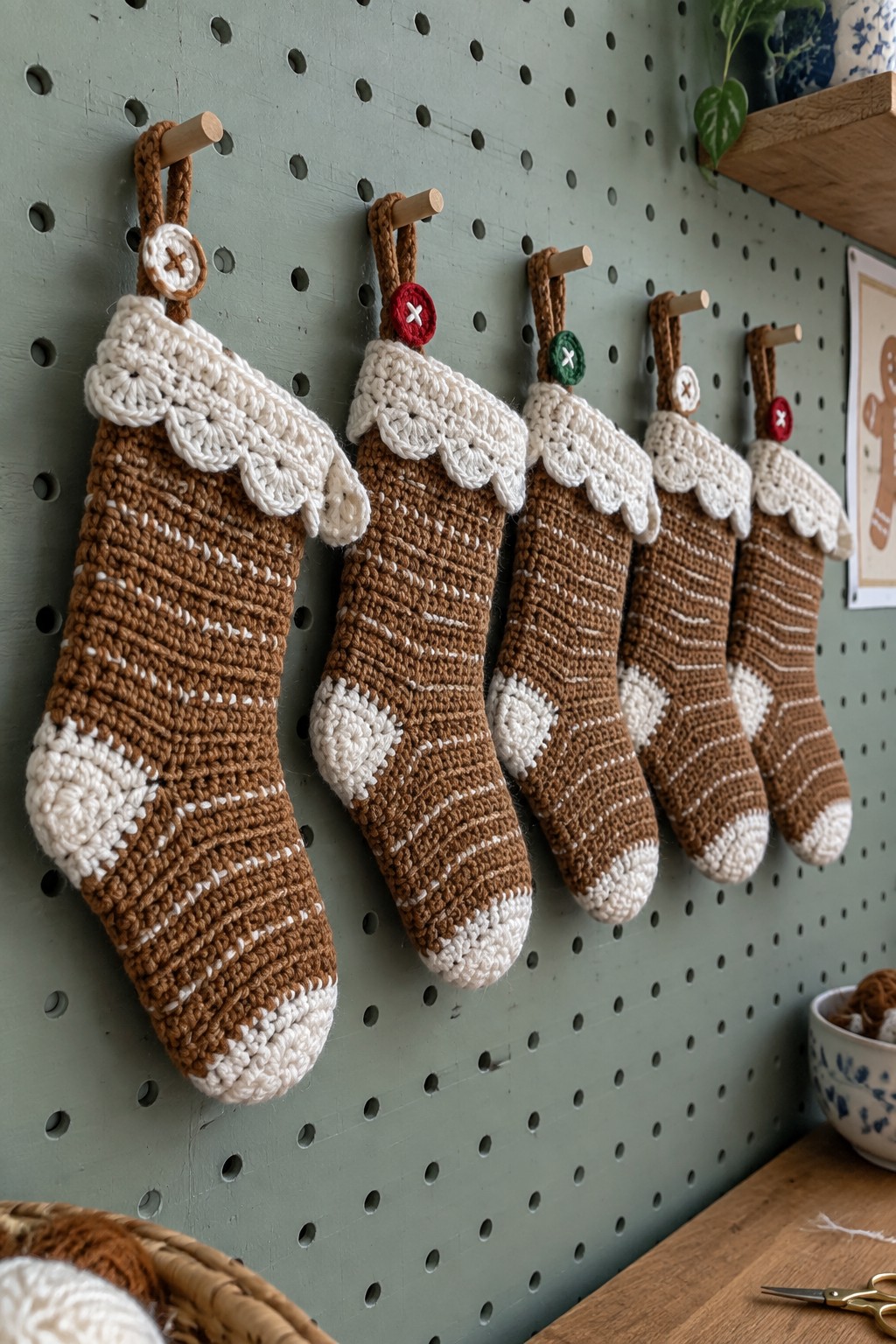 Five brown-and-white crocheted stockings with buttons hanging on a green pegboard.