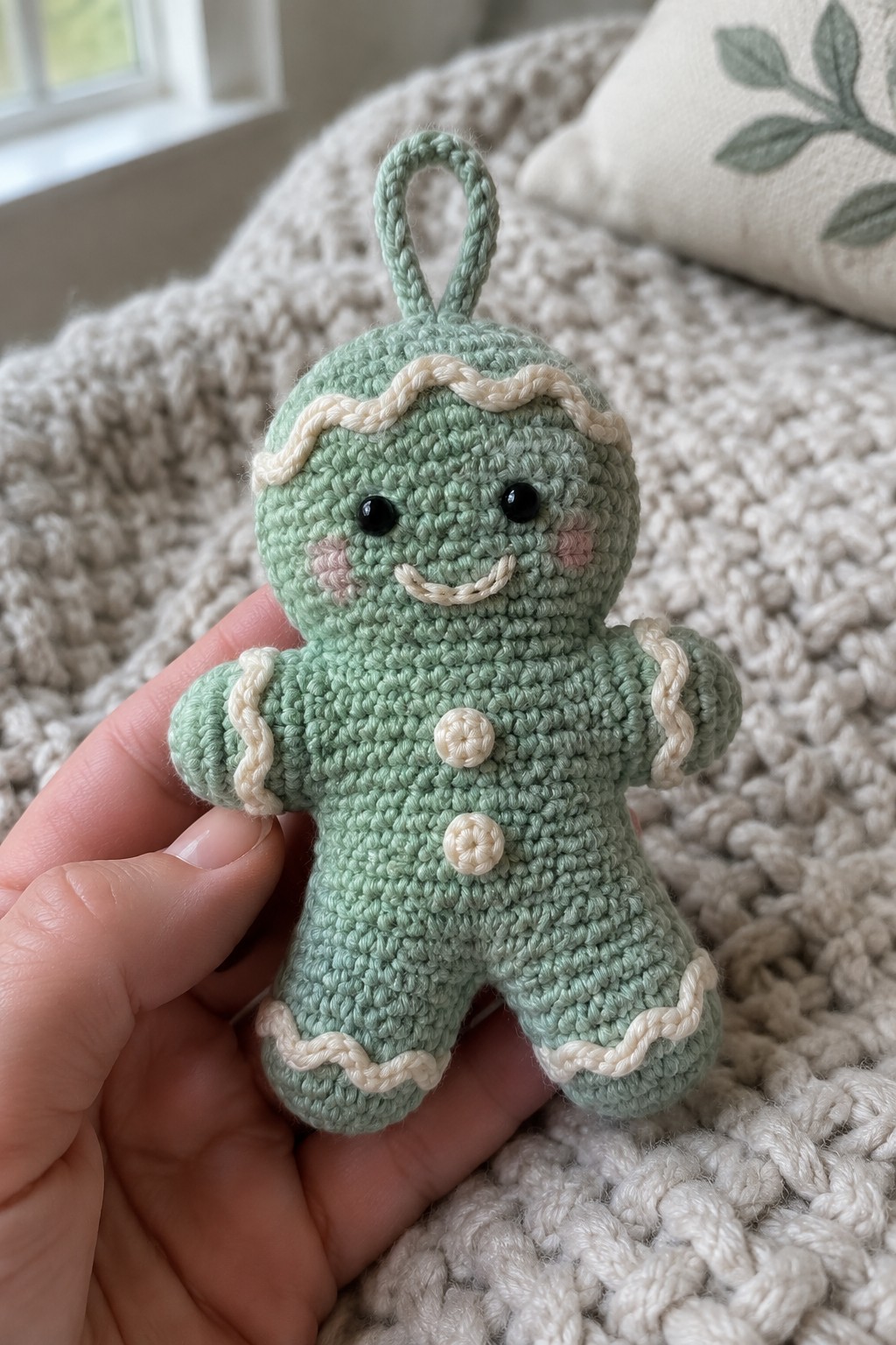Hand holding mint green crocheted gingerbread man with white trim and buttons.