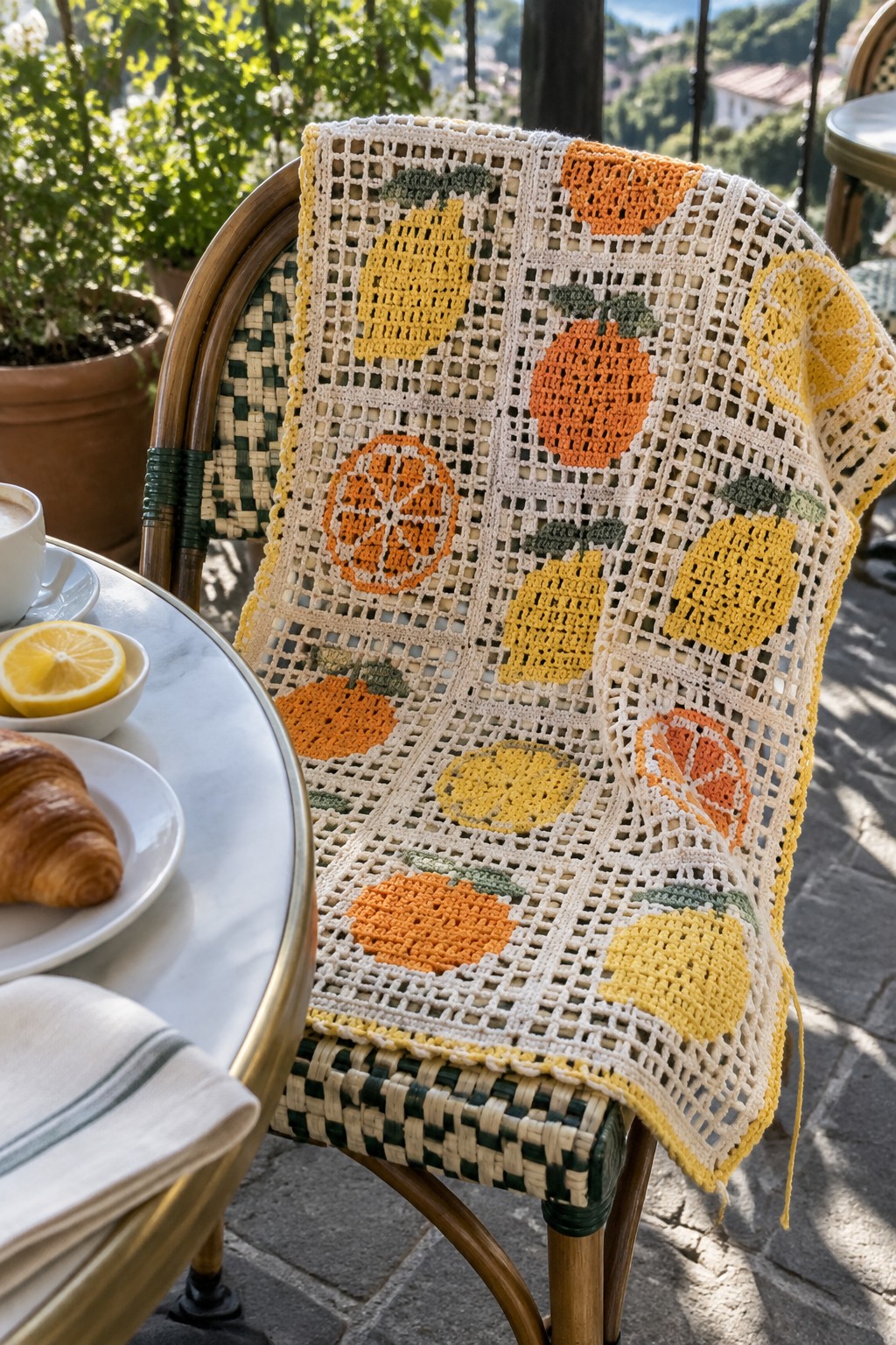 Crocheted blanket with citrus fruits draped over a patio chair beside breakfast table