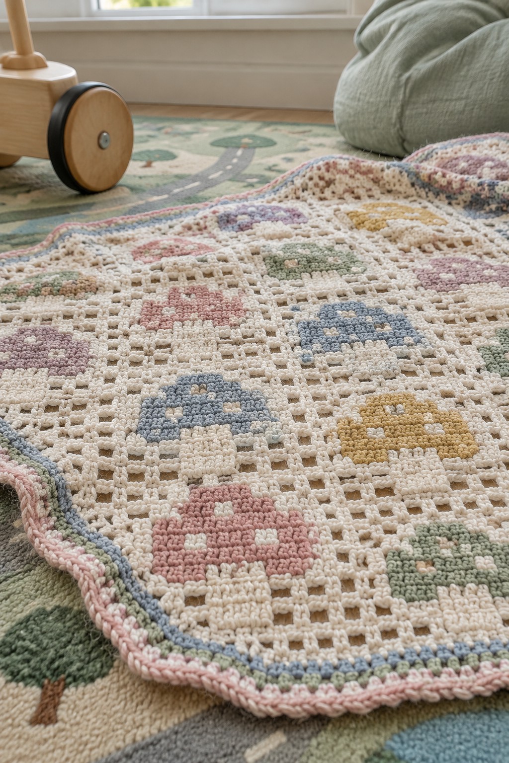 Colorful crocheted blanket with car patterns on a children's play rug